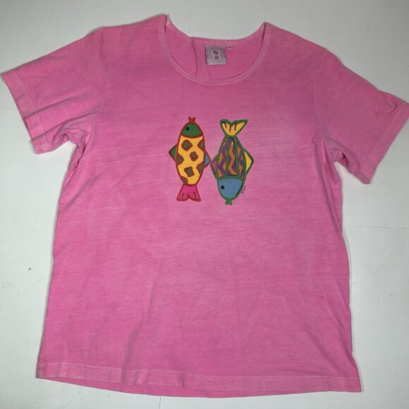By JJ Women Pink Short Sleeve T-shirt Top Fish Print Scoop Neck Cotton Sz M Flaw - Picture 3 of 9